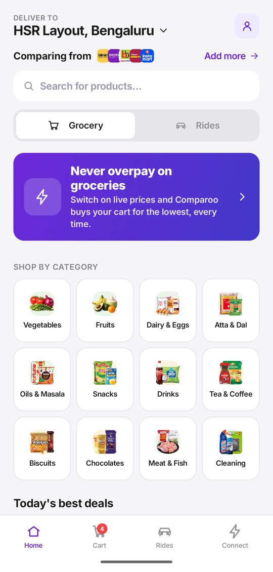 Compario home screen with grocery categories