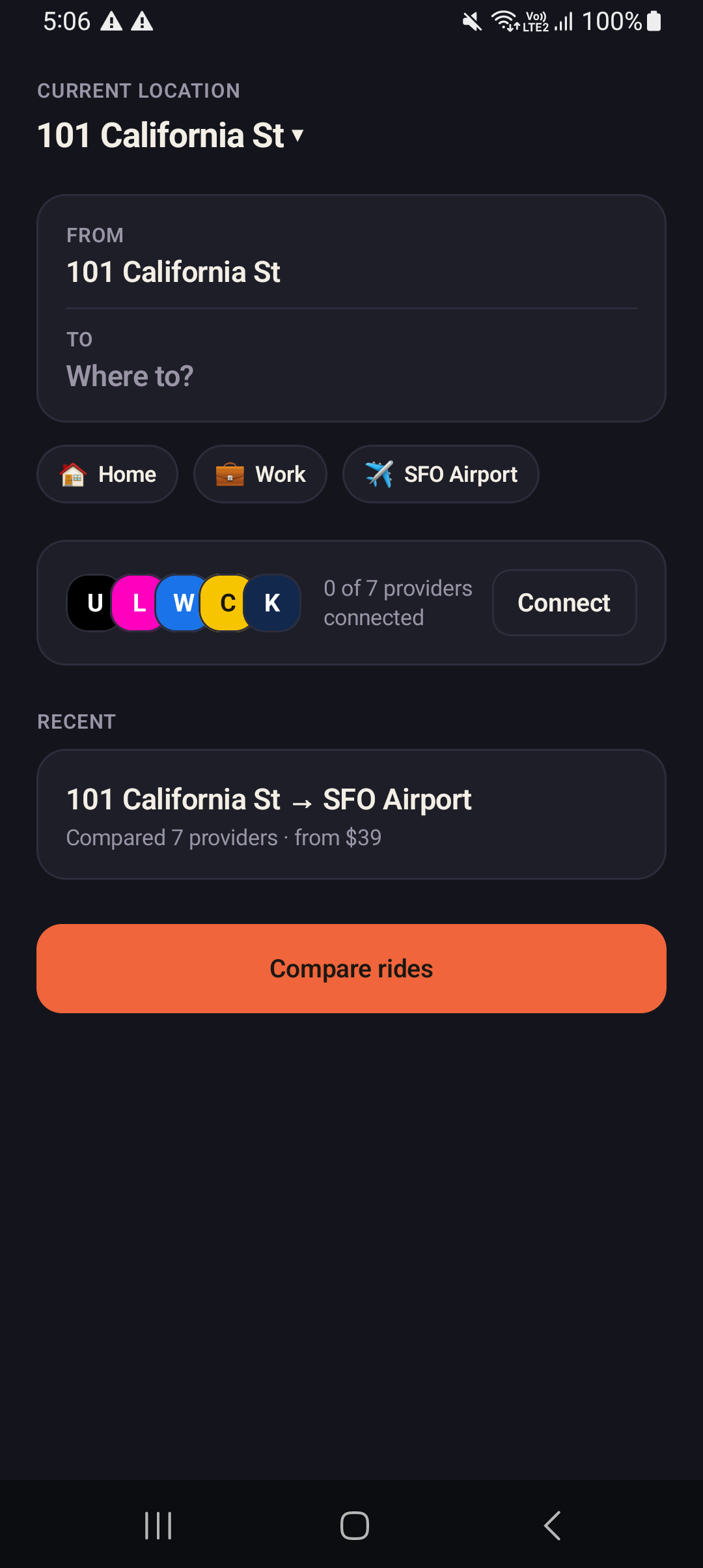 Compario home screen with pickup and destination fields