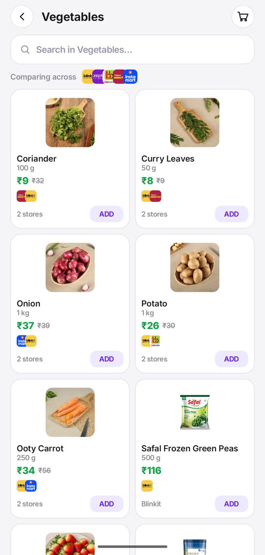 Vegetables compared live across Blinkit, Zepto, BigBasket, Flipkart Minutes and Instamart