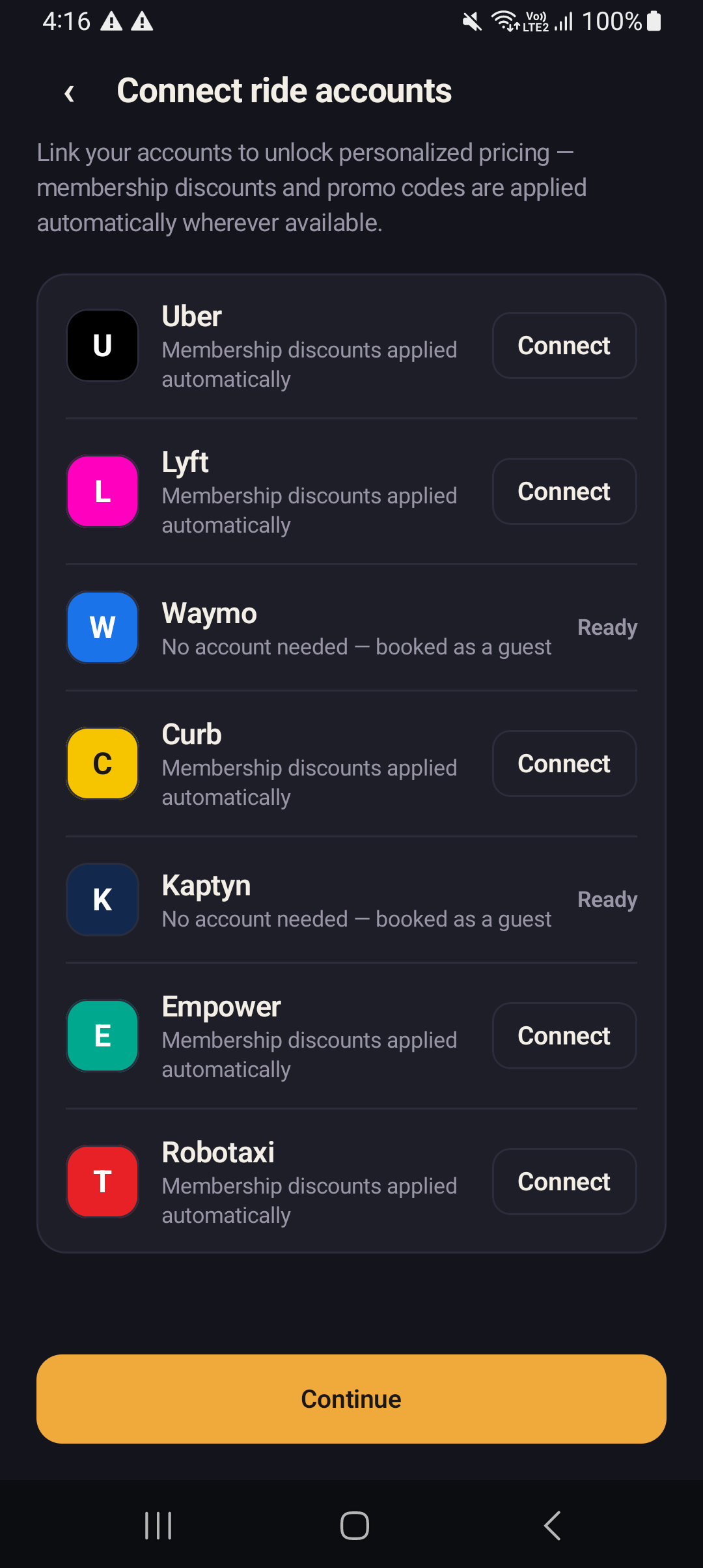 Connect screen listing Uber, Lyft, Waymo, Curb, Kaptyn, Empower and Robotaxi