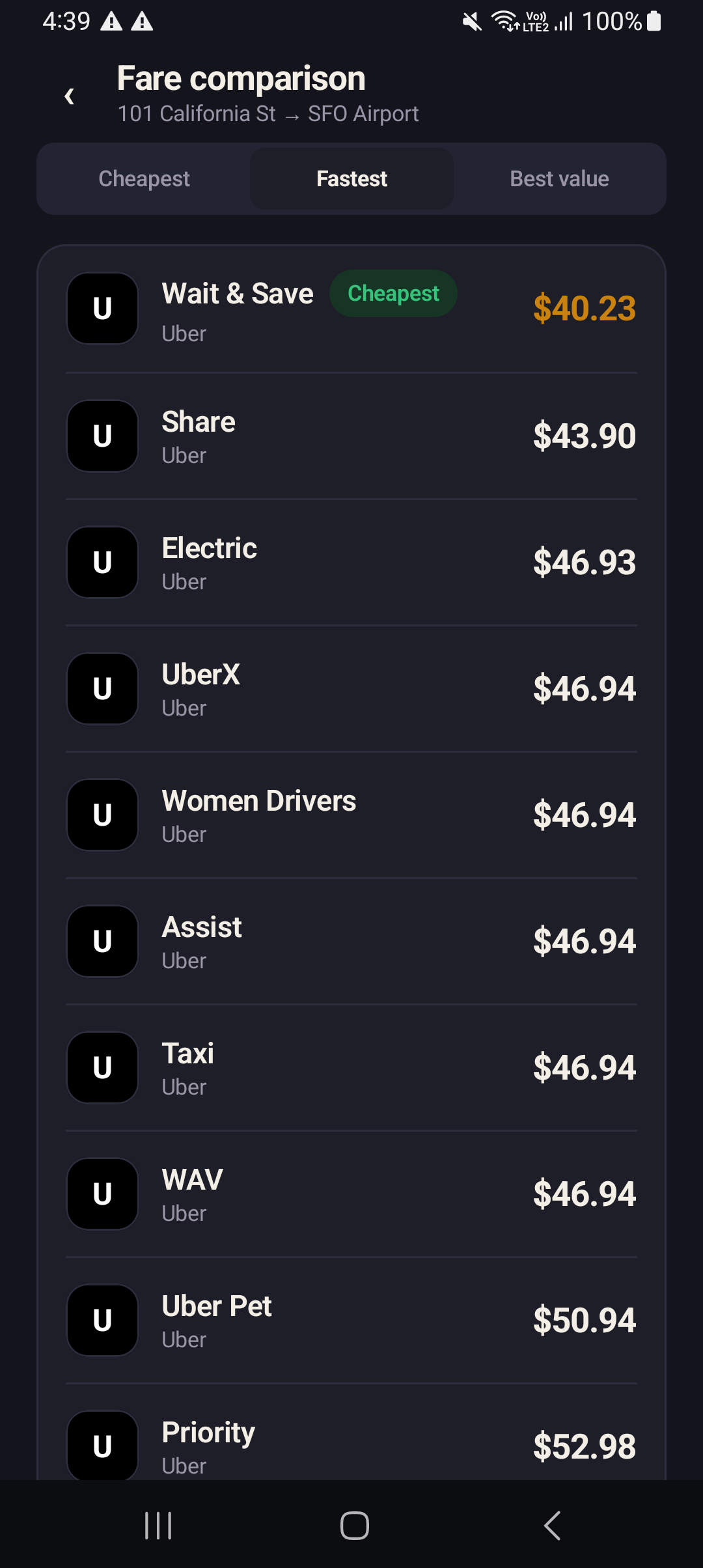 Live Uber fares ranked cheapest first for a trip to SFO