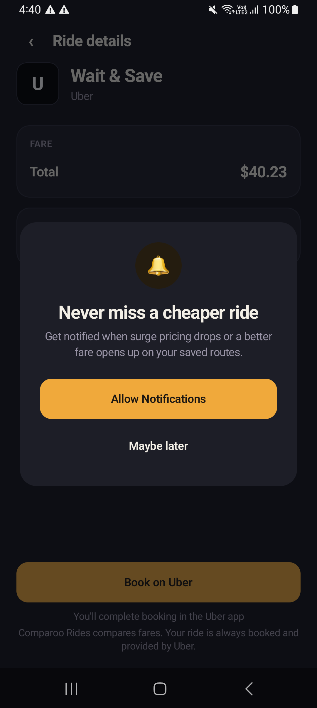 Ride detail showing the fare breakdown and Book on provider handoff